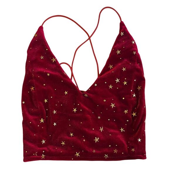 ROMWE Tops - Romwe Red Velvet Celestial Gold Star Corset Back Spaghetti Strap Crop Top Med